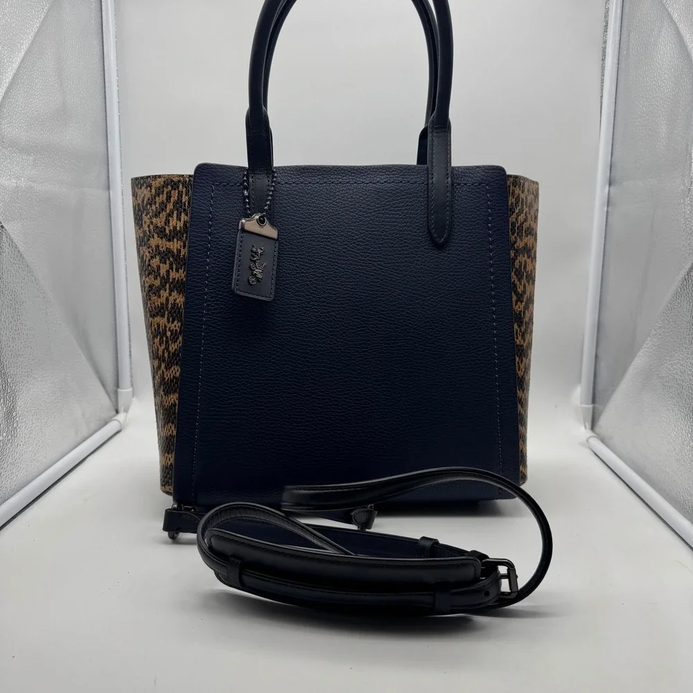 Coach Troupe Navy Blue and Leopard Print Leather Tote Bag Handbag Satchel Purse‎